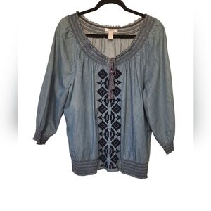Style&Co Women's Indigo Blue Denim Embroidered Y2K/Boho/ Western Top Size 14